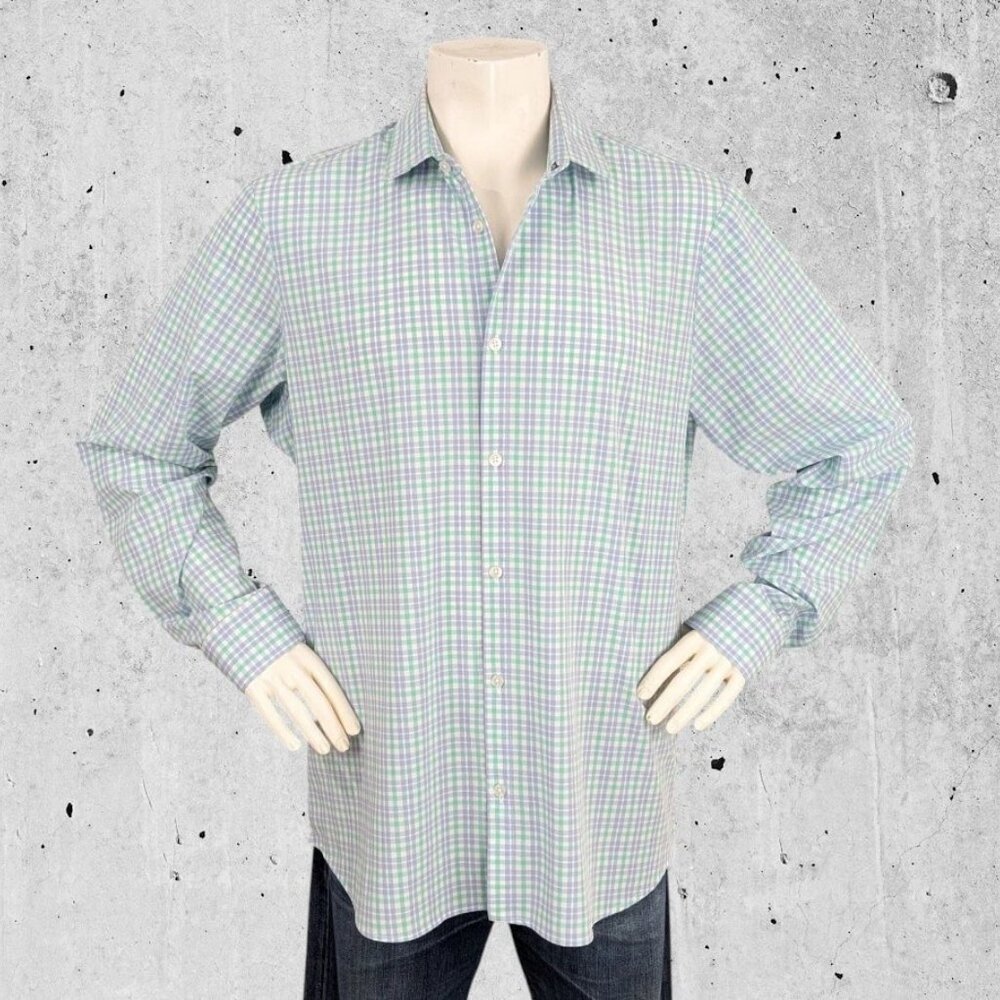 Mizzen + Main Shirt Size XXL Trim Fit Blue / Green Plaid